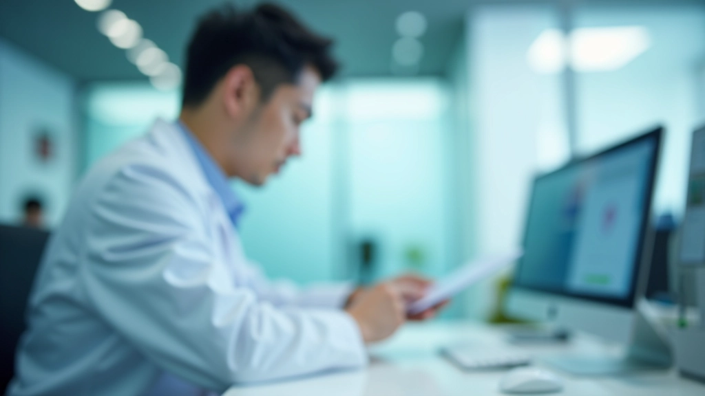 AI healthcare technology concept with medical professional reviewing patient data on advanced digital interface