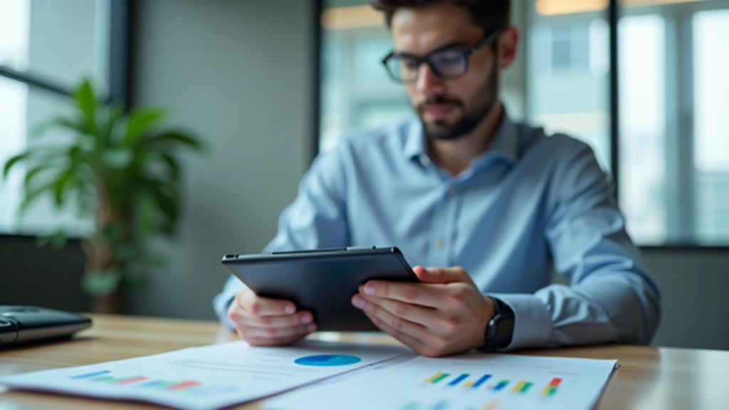 Businessman reviewing startup investment documents and financial charts on tablet device