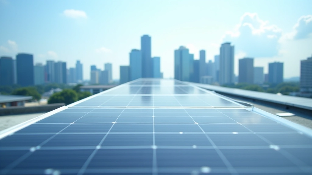 Renewable energy solar panels installed on rooftop of modern sustainable building with city skyline