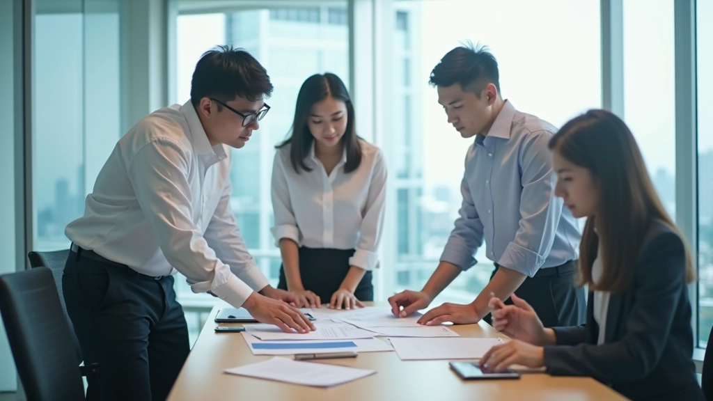 Healthcare startup founders in modern Singapore office setting reviewing business metrics and market analysis on whiteboard during team planning session