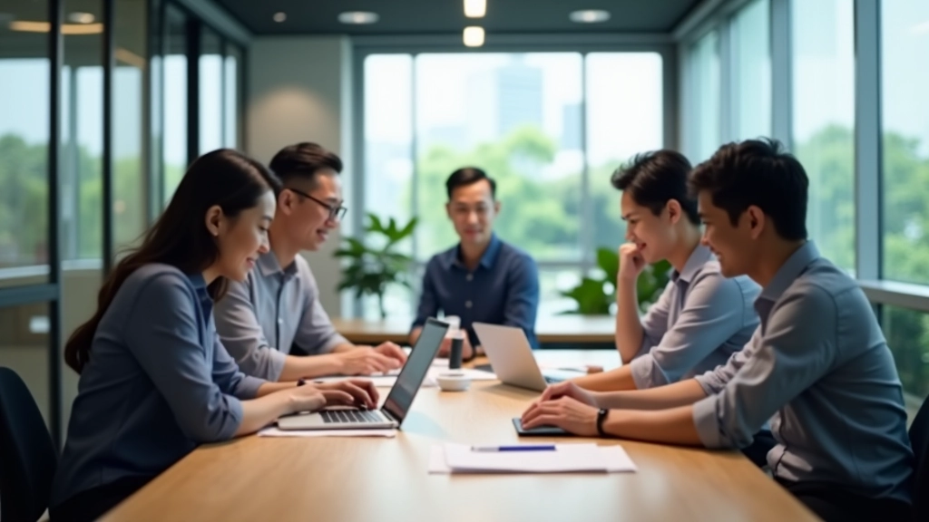Startup team collaborating around a desk