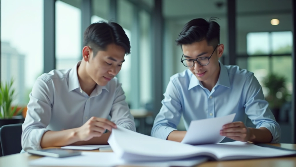 Venture capitalist and sustainability startup founder reviewing investment proposal documents and ESG metrics in modern office