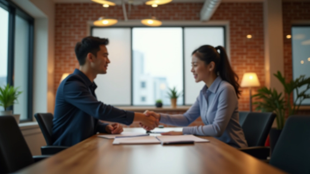 Angel investor and startup founder shaking hands during a meeting in a modern venture office space