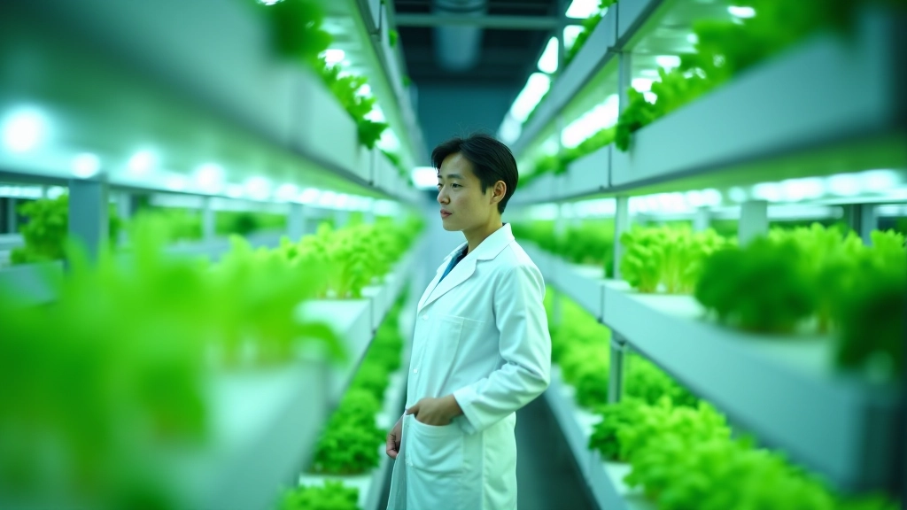 Engineers and environmental scientists working in sustainable agriculture vertical farm facility with LED growing lights and hydroponic systems